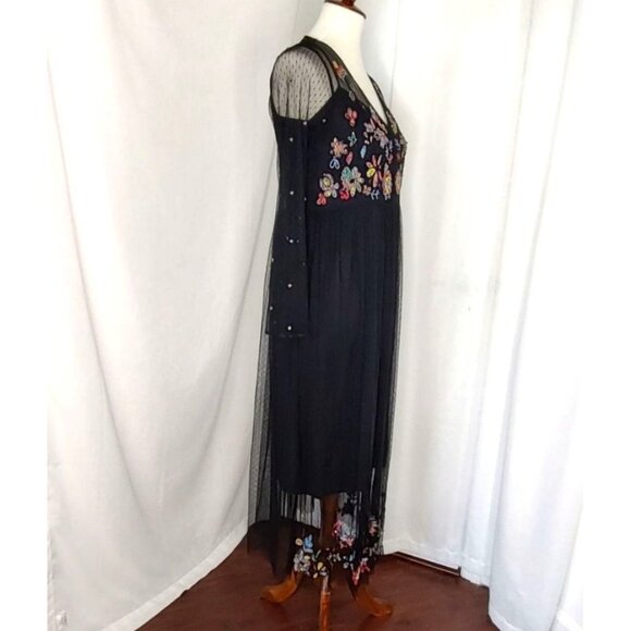 ZARA Dress S Black Floral Beads and Sequins Mesh Sheer Midi Long Sleeve Plumeti - Picture 7 of 15